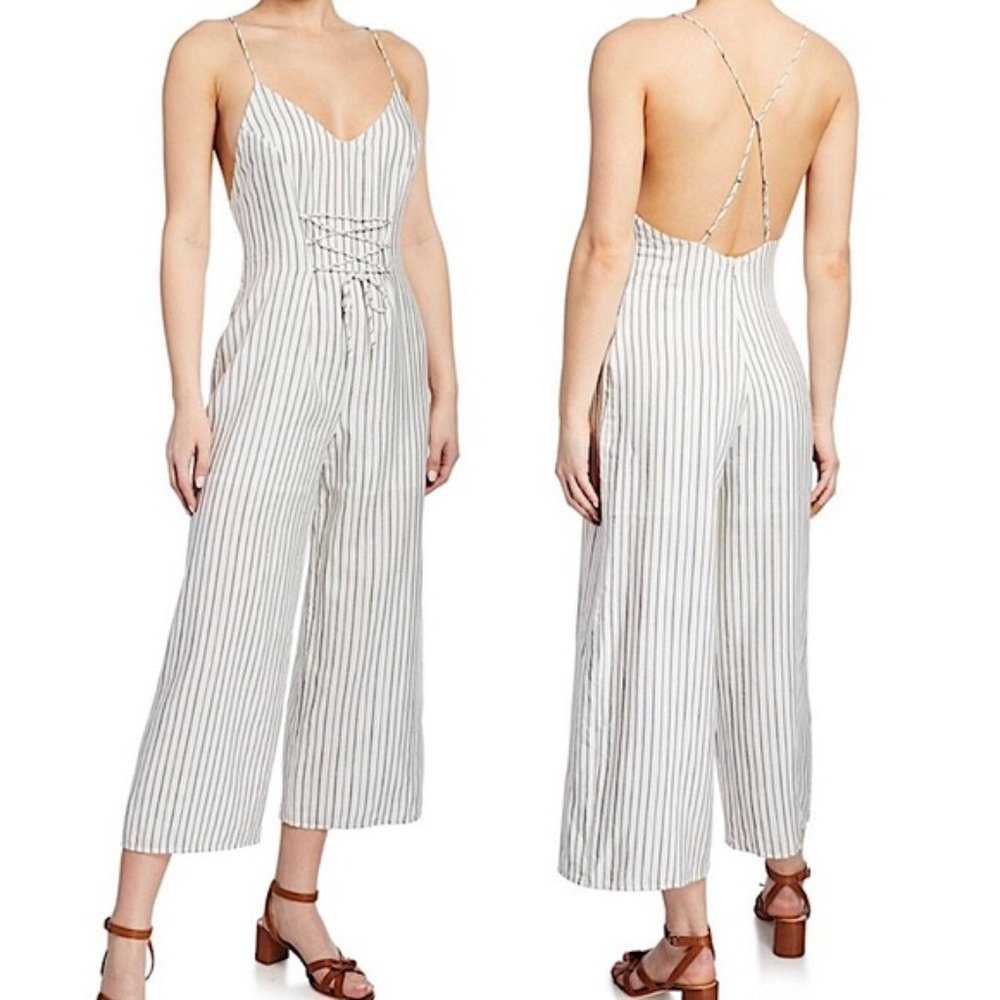 New J Brand Lace Up Low Back Wide Leg Cropped Jumpsuit White Stripe Size Large